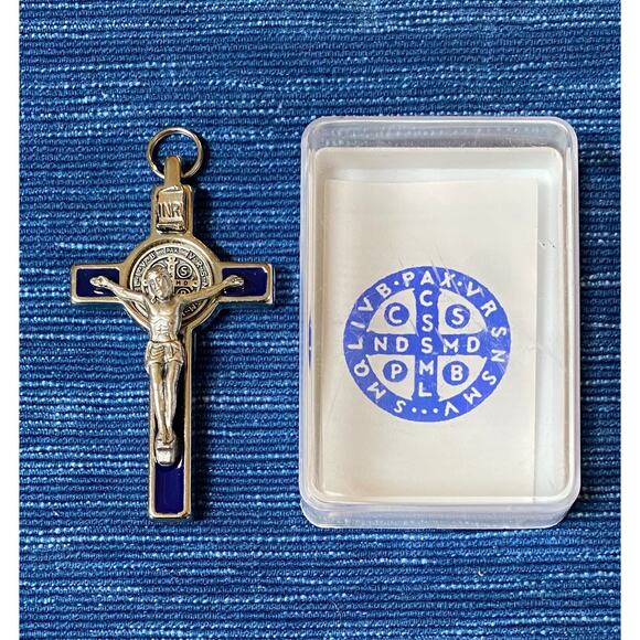 Large 3" St Benedict Crucifix Pendant Blue Enamel Cross Charm Necklace Italy 15B - Picture 1 of 3